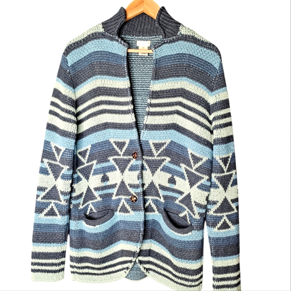 Tasha Polizzi Blue Thick Fisherman Aztec Southwestern Button Front Cardigan M